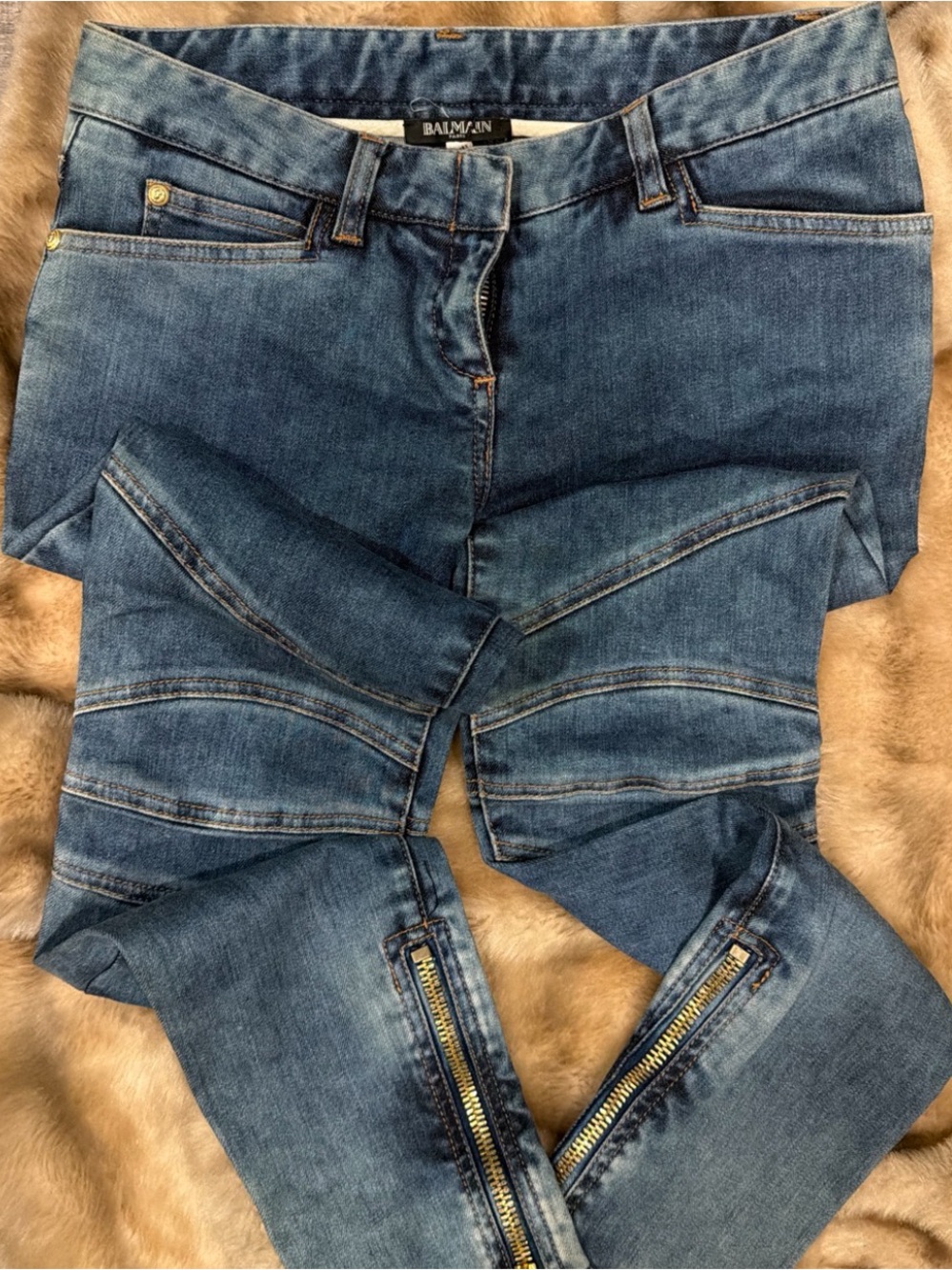 Balmain Distressed Blue Skinny Jeans with Ankle Zippers